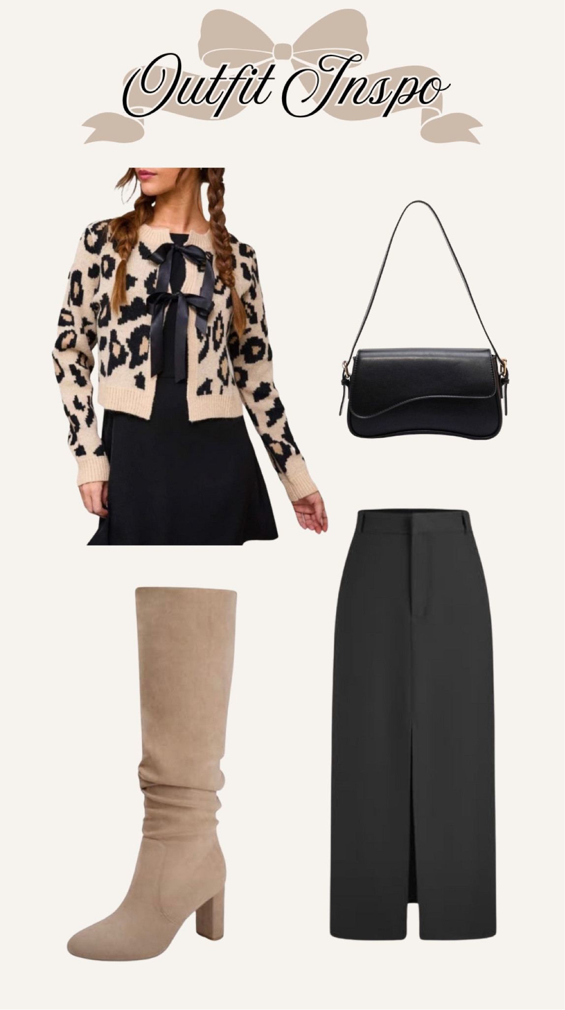 Leopard & bows front tie cardigan/black clutch bag/sleek black skirt/ suede boots 


#LTKFindsUnder50 #LTKStyleTip