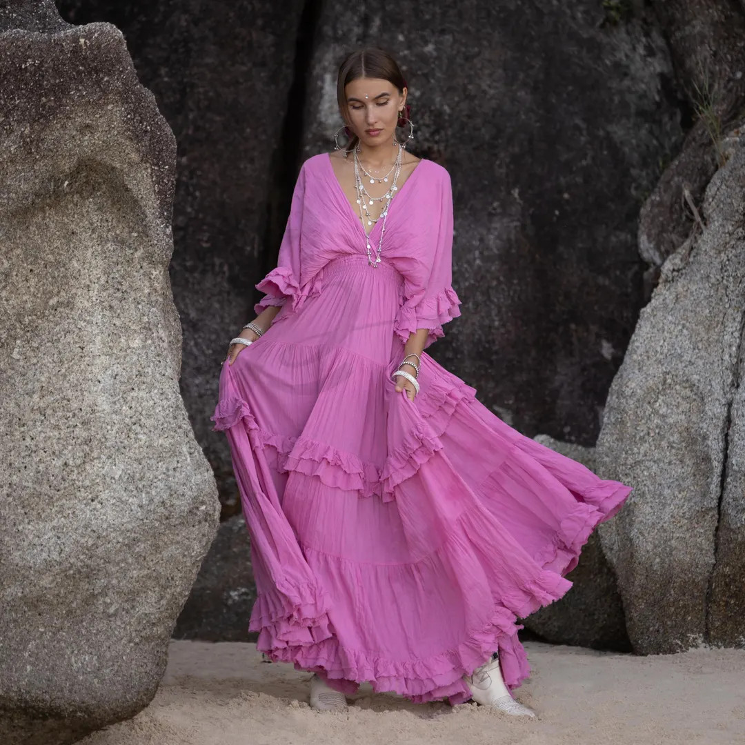 Pink Paloma Boho Wedding Dress: Ruffle Sleeve Cotton Maxi Gown - Beata - Etsy | Etsy (US)