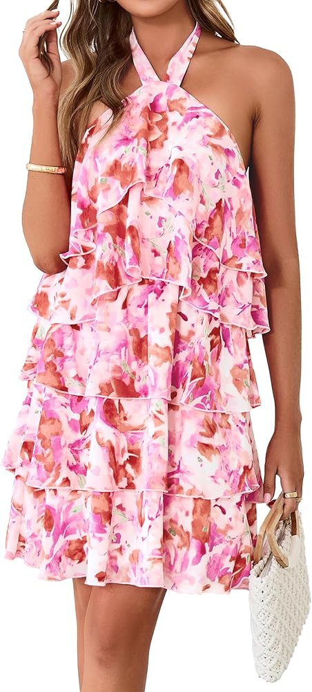 Simplee Womens Summer Floral Mini Dress Casual Sleeveless Halter Ruffle Tiered Chiffon Boho Beach... | Amazon (US)
