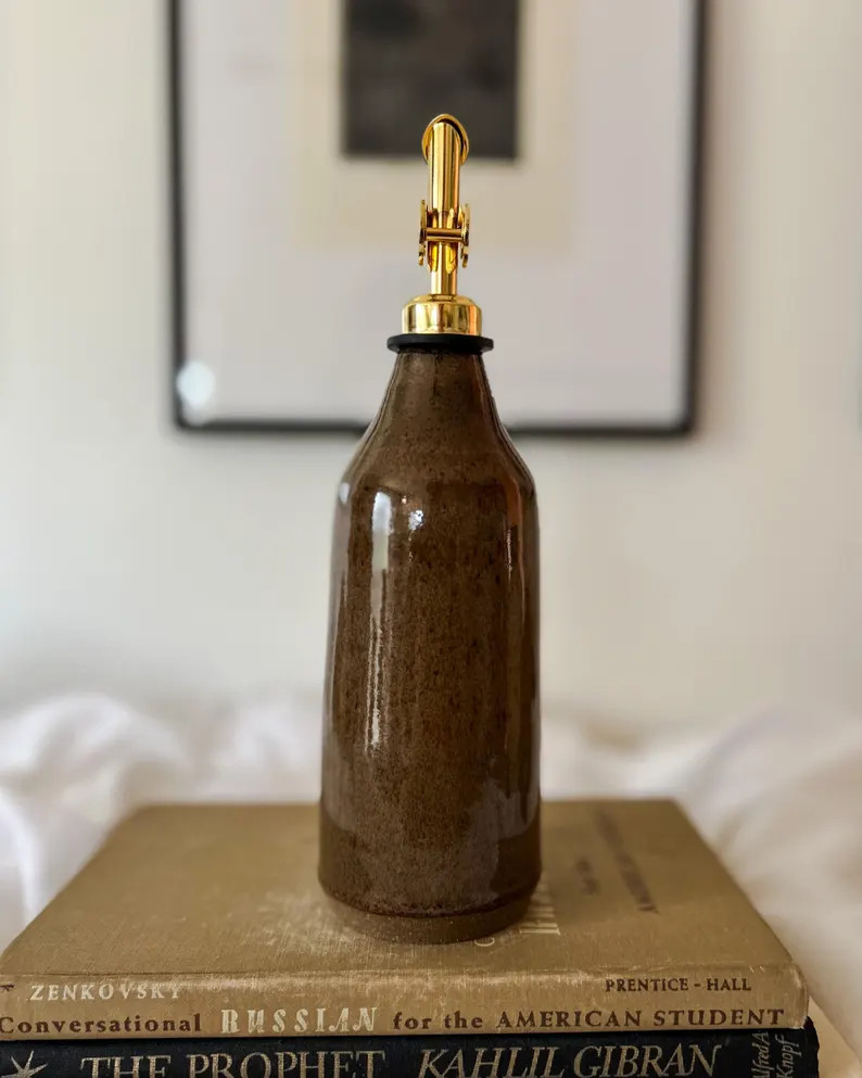 Handmade Dark Olive Green Ceramic Cruet - Olive Oil Bottle Dispenser With Gold Spout - Etsy | Etsy (US)