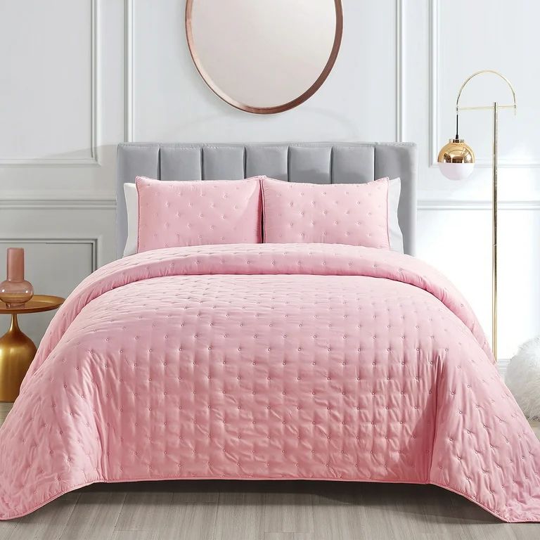 Mocaletto Reversible Quilts Set Twin Size, 2 Piece Pink Quilt with Pillow Shams, Point Pattern Mi... | Walmart (US)