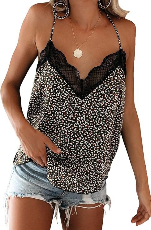 Zecilbo Women's V-Neck Spaghetti Strap Lace Trim Tank Tops Sleeveless Casual Summer Camisole | Amazon (US)