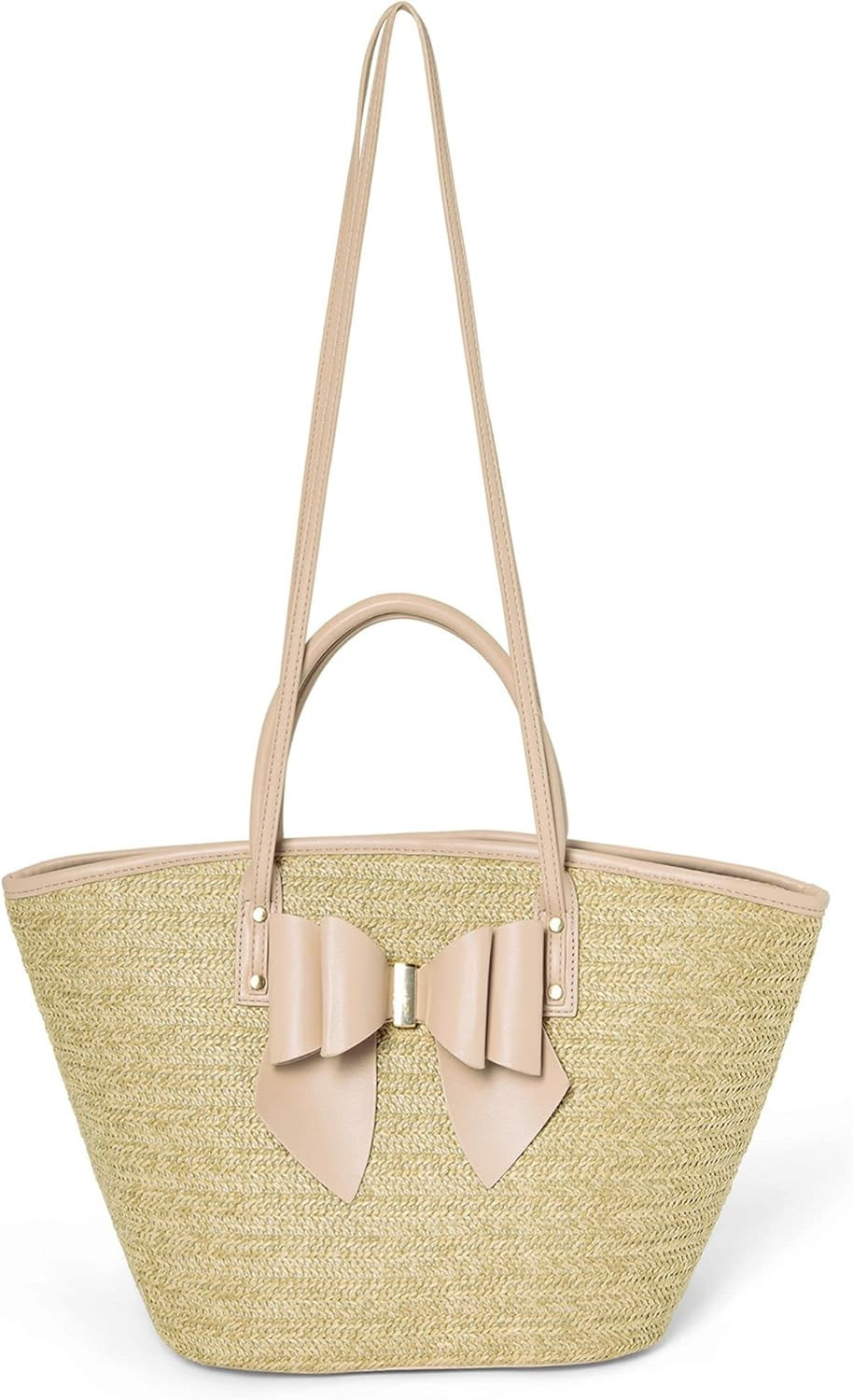 Like Dreams Women Fashion Hand-woven Straw Tote Bag Vegan Leather Bowtie Polka Inner Structured S... | Amazon (US)