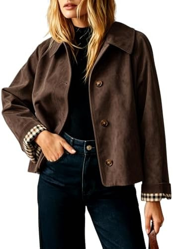 Women's Faux Suede Cropped Lining Trench Jacket with Pockets | Amazon (US)