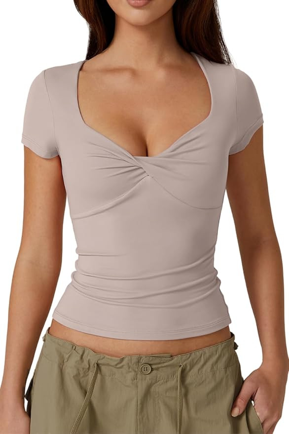 QINSEN Women's Sexy Twist Front V Neck T Shirts Double Lined Short Sleeve Slim Fit Crop Top Trend... | Amazon (US)