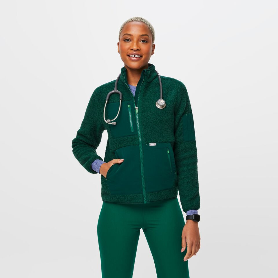 Women’s On-Shift™ Color Blocked Sherpa Jacket - Hunter Green · FIGS | FIGS
