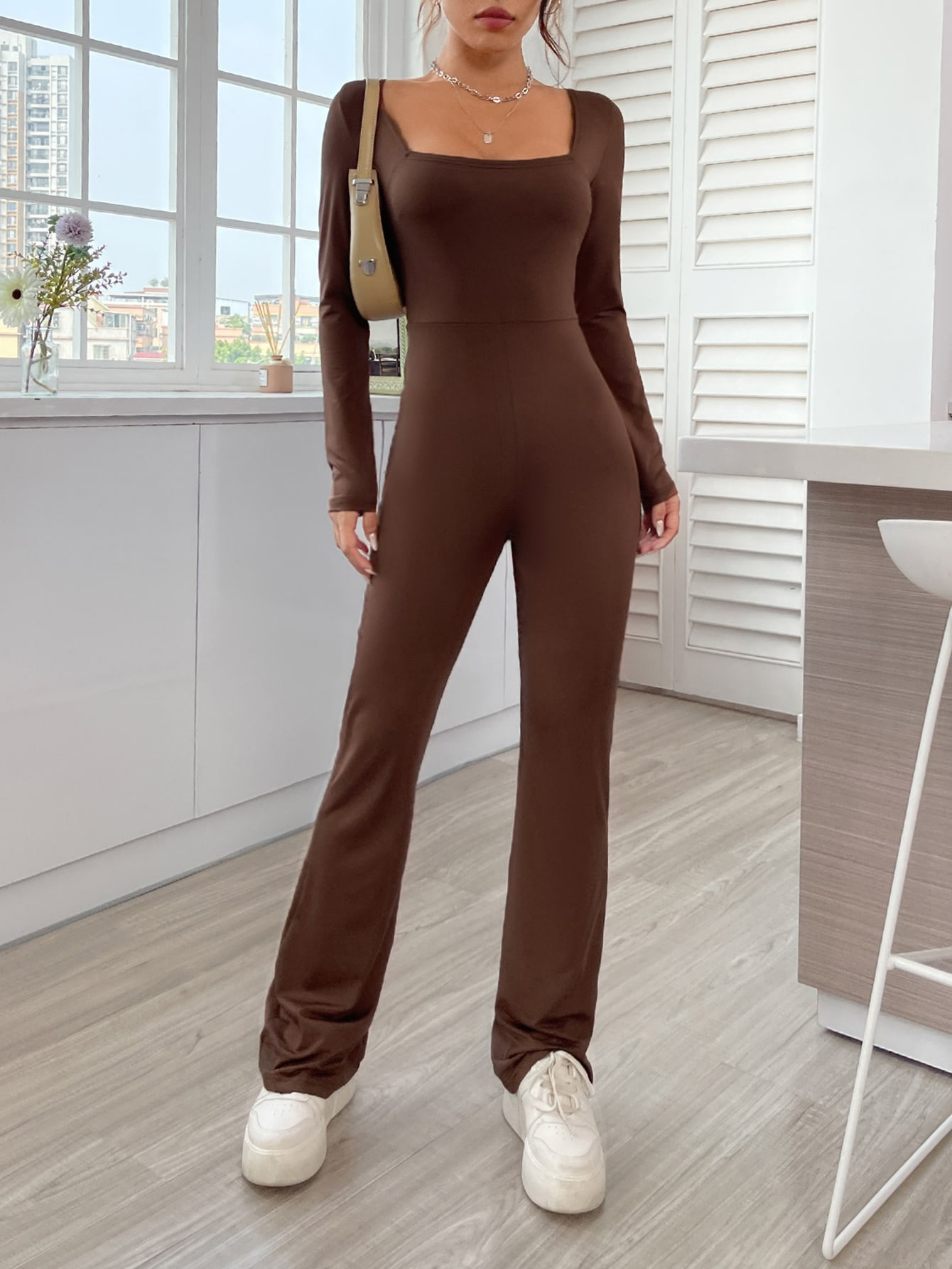 SHEIN EZwear Square Neck Flare Leg Jumpsuit | SHEIN