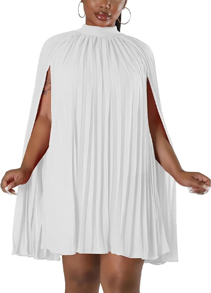 Women\u2019s Casual Cape Sleeve Pleated Split Short Dress Loose Fit Cocktail Party Flowy Dress | Amazon (US)