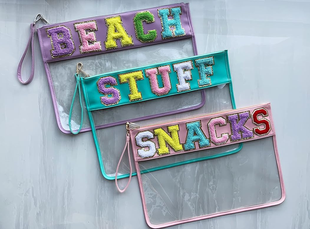 HAIBOLAN Monogram Clear Stadium Purse Bag Chenille Letter Travel Patch Pouch Snack Makeup Wristlet | Amazon (US)