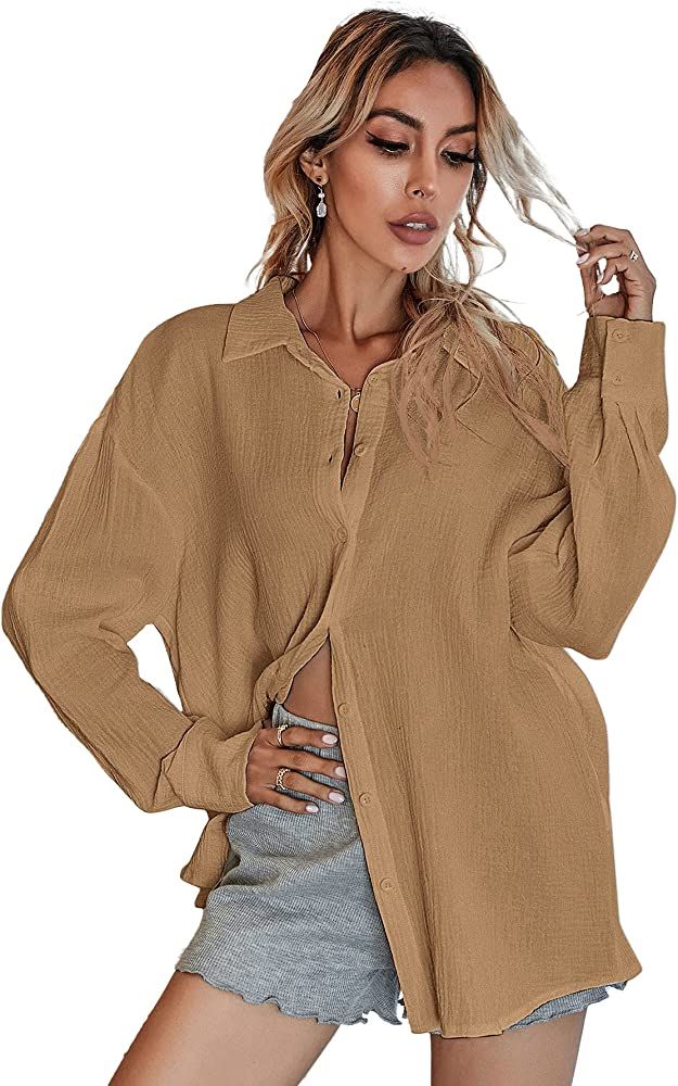 MakeMeChic Women's Oversized Button Down Shirts Collared Button Up Shirt Blouse Top | Amazon (US)