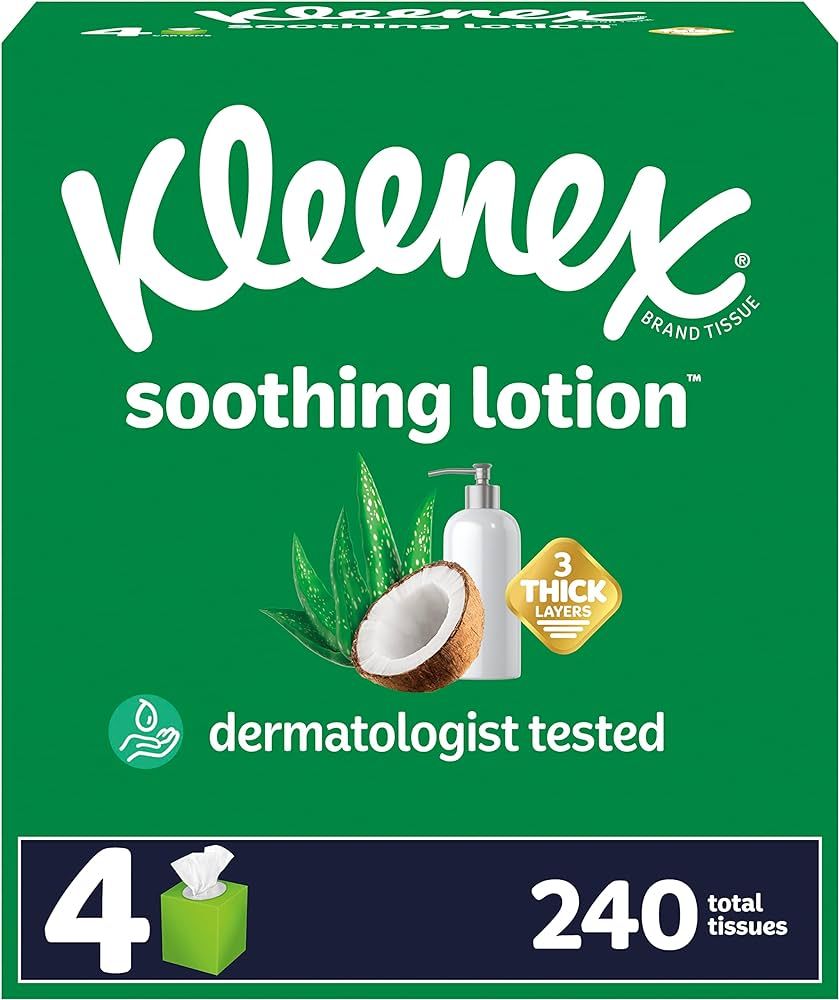 Kleenex Soothing Lotion Facial Tissues with Coconut Oil, 4 Cube Boxes, 60 Tissues per Box, 3-Ply ... | Amazon (US)