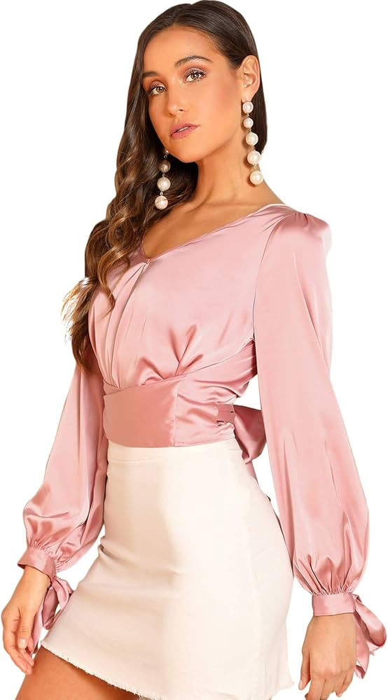 SheIn Women's Elegant V Neck Self Tie Knot Long Sleeve Satin Blouse Shirt Top | Amazon (US)