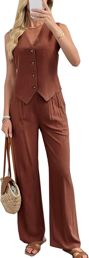 Women's 2 Piece Outfits Linen Vest Waistcoat Dressy Casual Sets Wide Leg Pants Suits | Amazon (US)