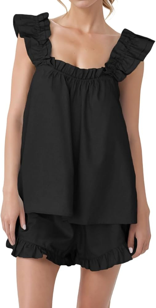 Womens Ruffle Pajama Sets Summer 2 Piece Outfits Top and Shorts Cotton Loungewear Set | Amazon (US)
