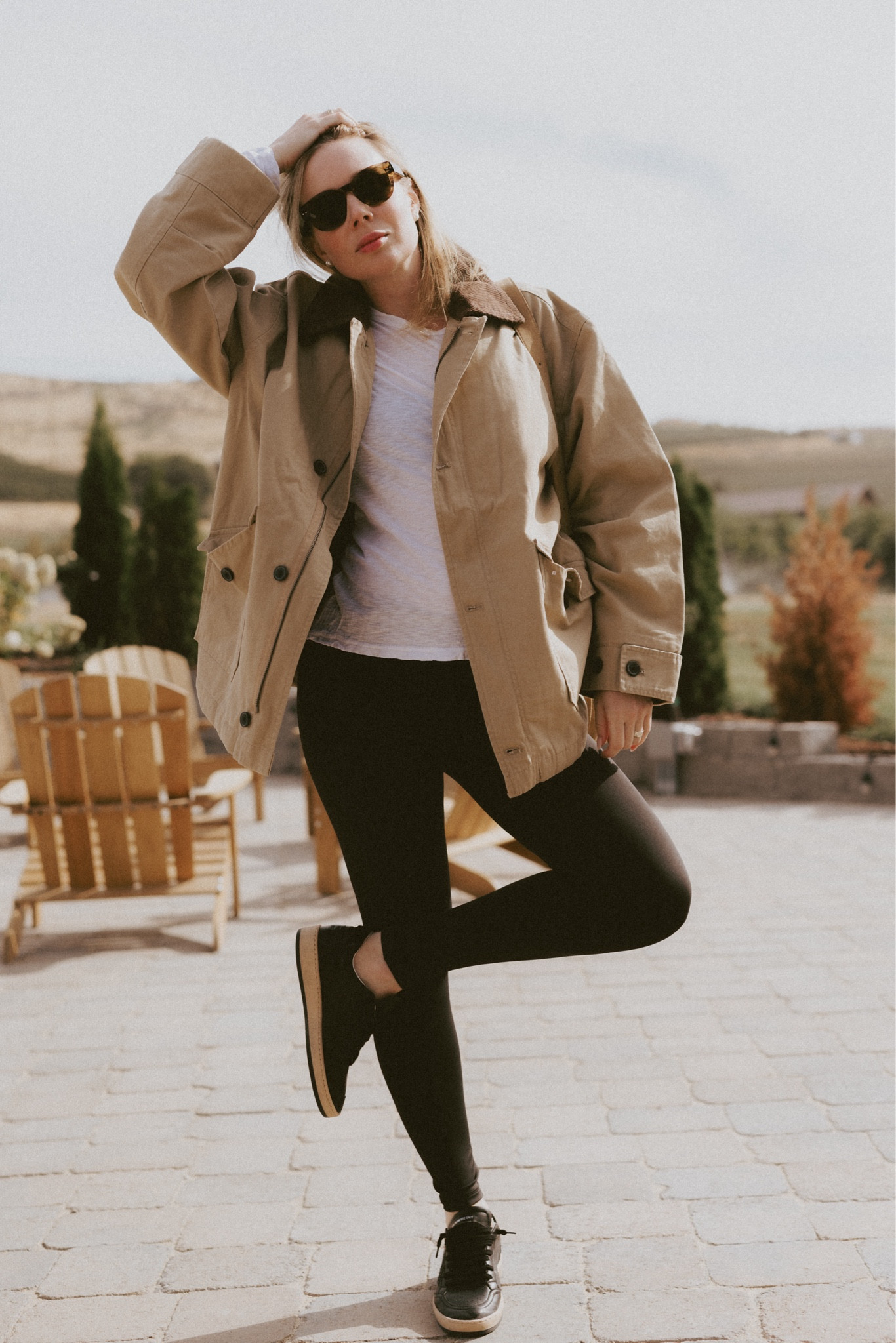 Transitional outfit idea: leggings + white t-shirt + barn jacket + sneakers. 
Wearing H&M maternity leggings & utility jacket (if it’s sold out get the heritage jacket by J.Crew) + James Perse long sleeve slub crew tee (more affordable We the free Line by Line tee) + Golden Goose ball star sneakers in black nappa (similar style available by Lacoste and Autry). 

#LTKSeasonal #LTKFindsUnder100 #LTKFindsUnder50