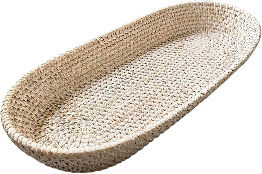 i-lan 17 Inch Long Narrow Oval Serving Basket, Boho Handmade Rattan Bowl Basket with 2 Inch Side,... | Amazon (US)