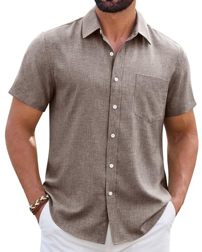 ROUWELL Brown Mens Linen Shirt Casual Short Sleeve Wrinkle Free Button Down Shirts Untucked Beach Lightweight Top Summer M | Amazon (US)