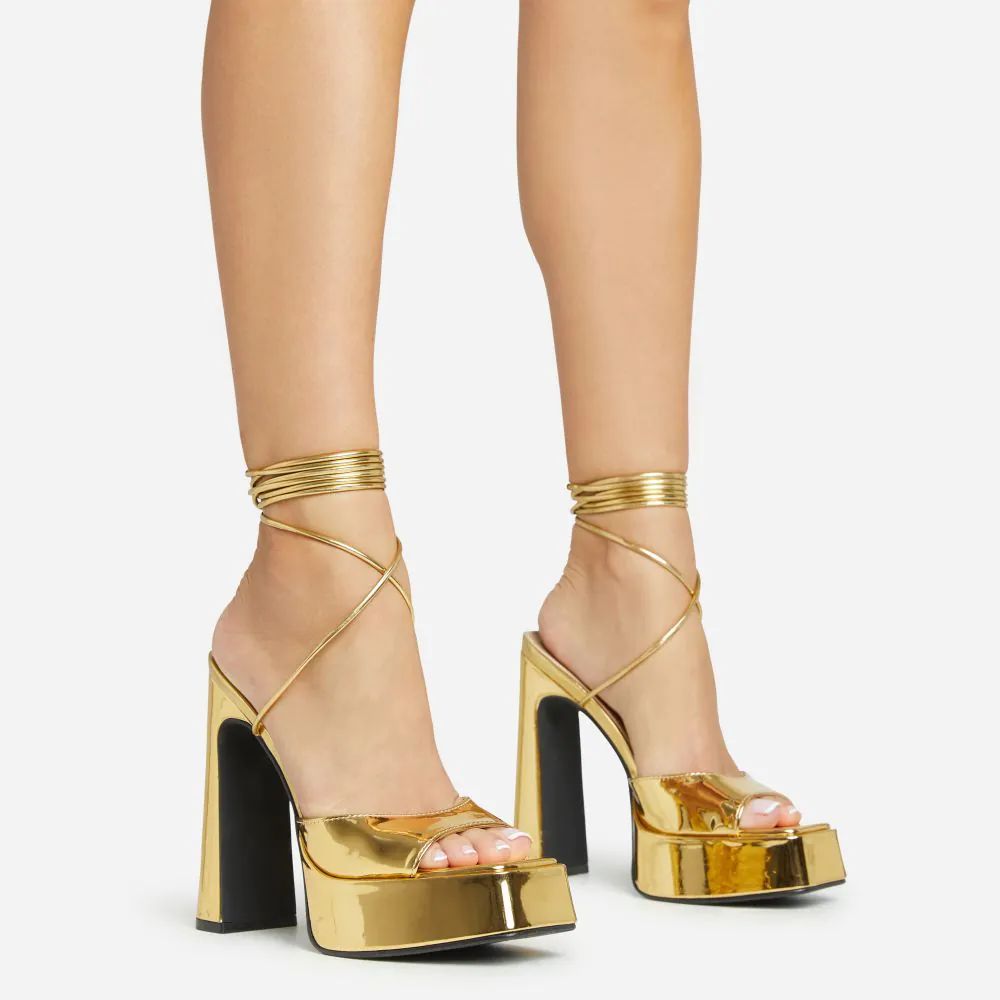 Cupcake Lace Up Square Toe Platform Block Heel In Gold Patent | EGO Shoes (US & Canada)