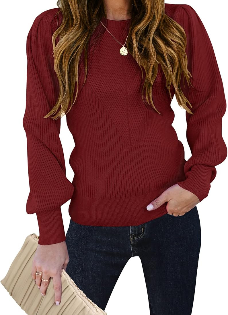 TECREW Women's Puff Sleeve Crew Neck Pullover Sweater Casual Cozy Knit Slim Jumper Tops | Amazon (US)