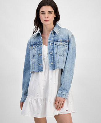 Tommy Jeans Women's Cotton Cropped Flag-Back Trucker Jacket - Macy's | Macy's