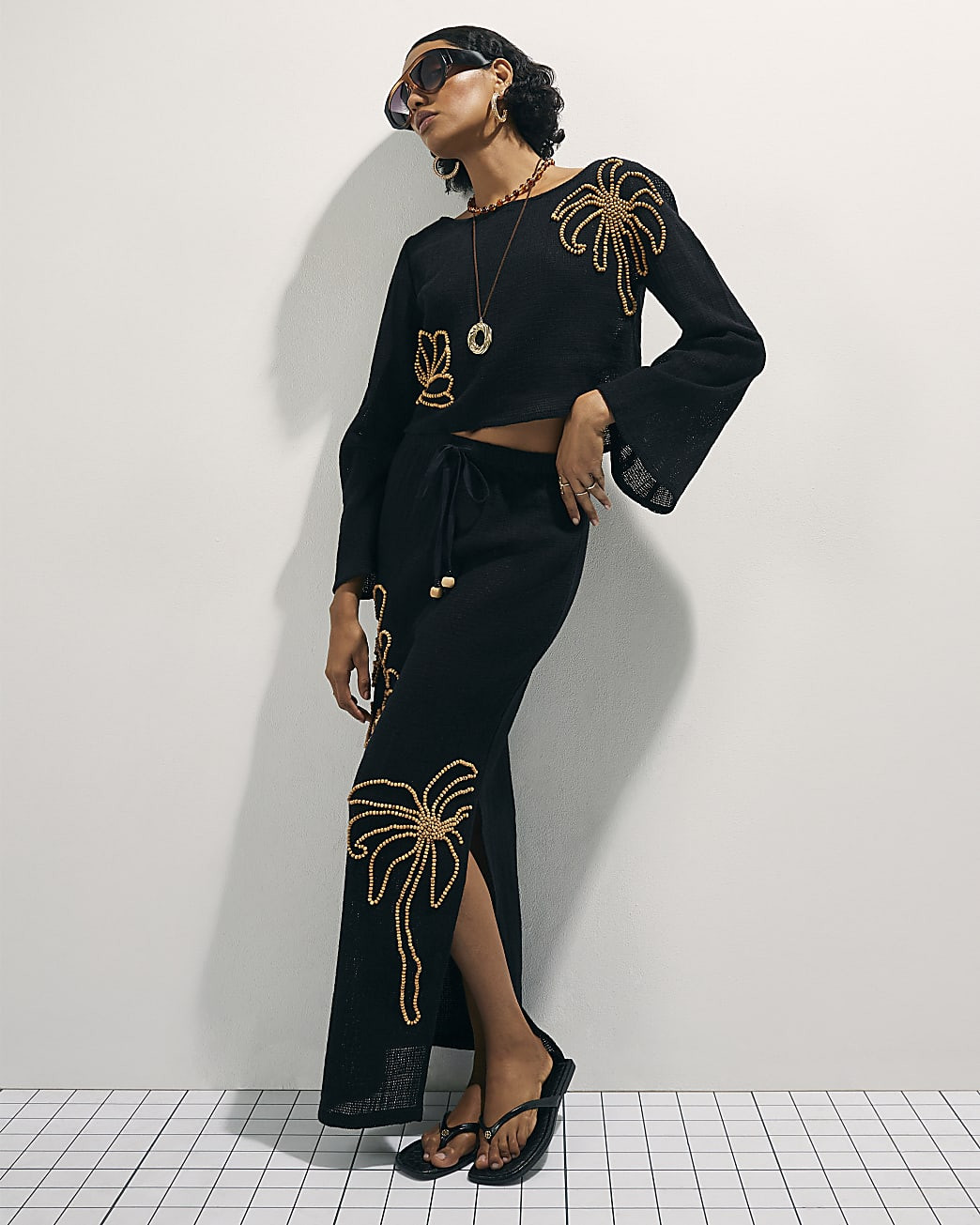Black Cotton Beaded Knit Top | River Island UK & IE