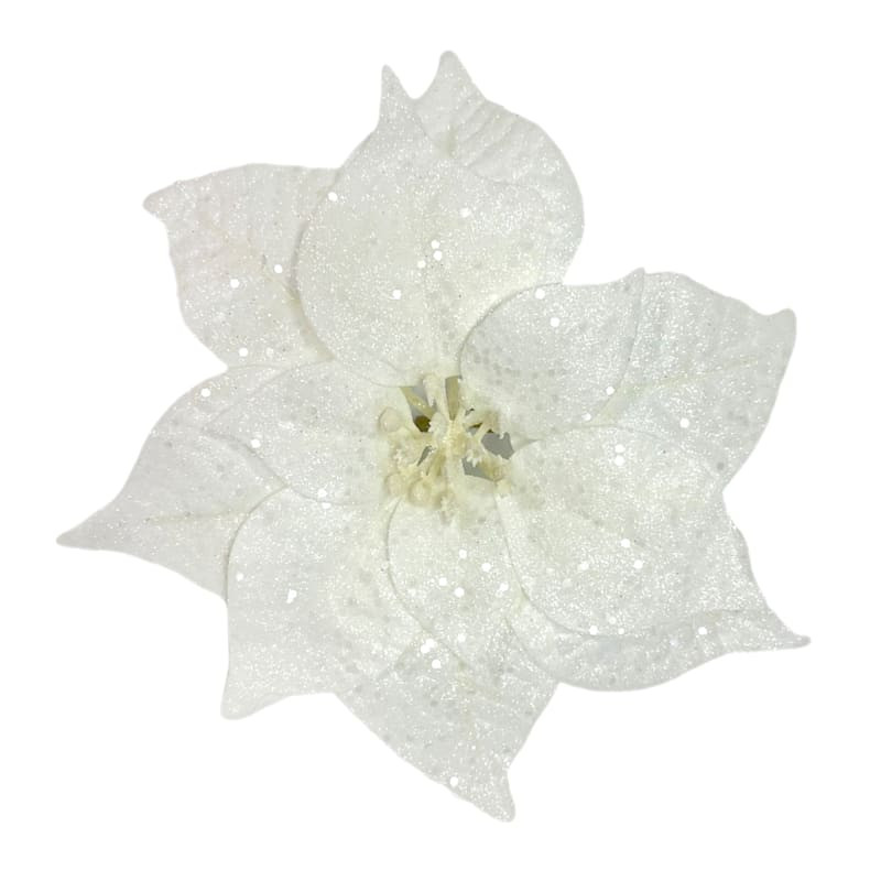 White Glittered Poinsettia Clip Ornament, 9" | At Home