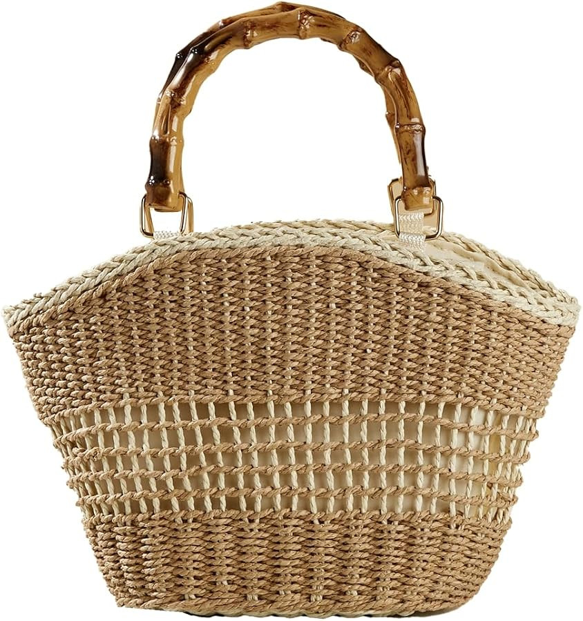 Bamboo Handle Straw Tote Bags for Women Woven Paper Straw Purses Top-hanlde Summer Beach Bag | Amazon (US)