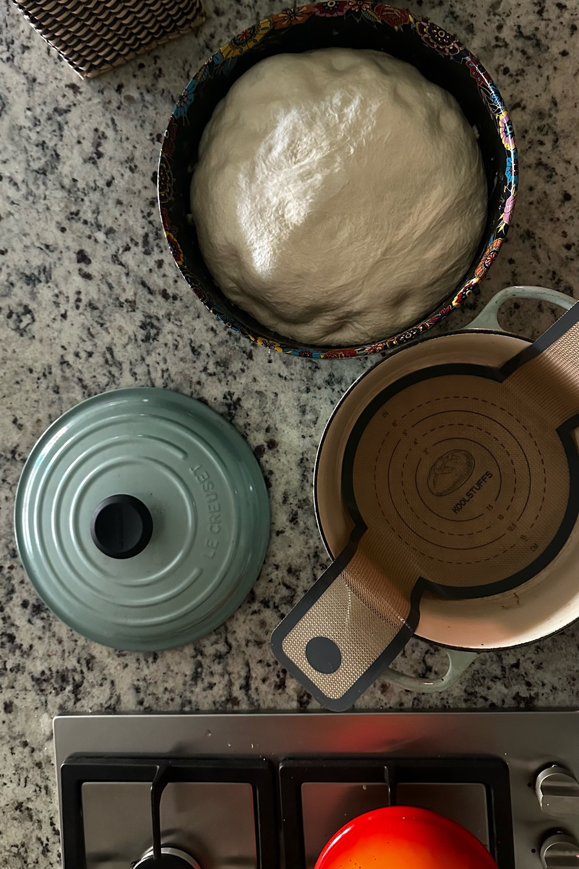 My new favorite rotation for making bread
My le cruset in blue, Amazon bread silicone liner, and mixing bowl. 

Having too much fun in my kitchen 

#LTKhome