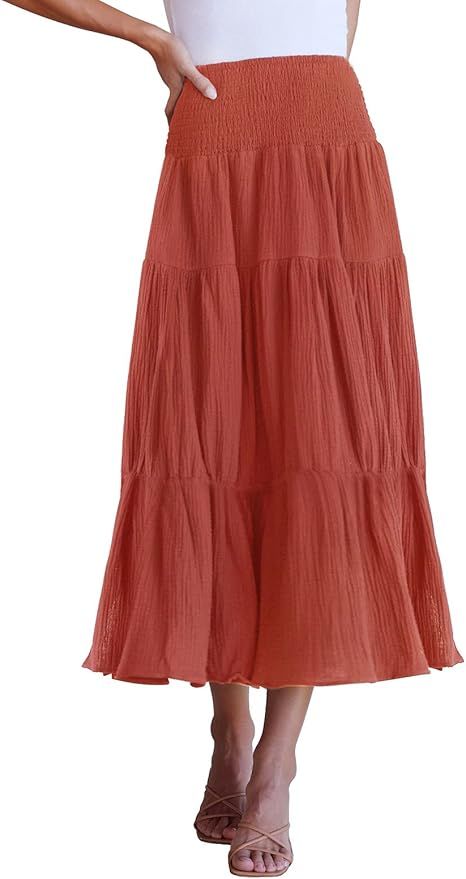 ZESICA Women's Casual High Elastic Waist Solid Color Ruffle A Line Swing Midi Skirt | Amazon (US)