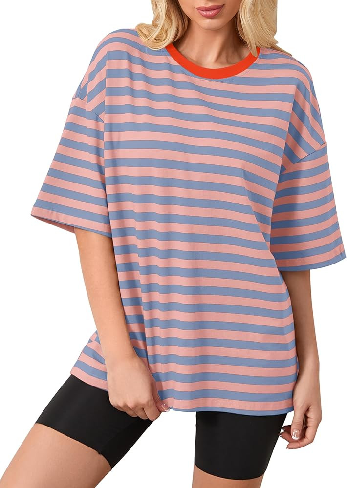 Women Oversized Striped Color Block Short Sleeve Crew Neck T-Shirts Casual Loose Pullover Tops Su... | Amazon (US)