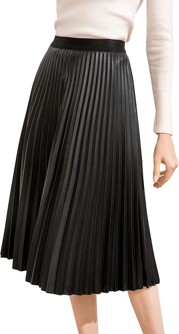 Women's Elastic High-Waisted Leather Pleated Skirt Hides Zipper A-Line MIDI Pleather Skirts | Amazon (US)