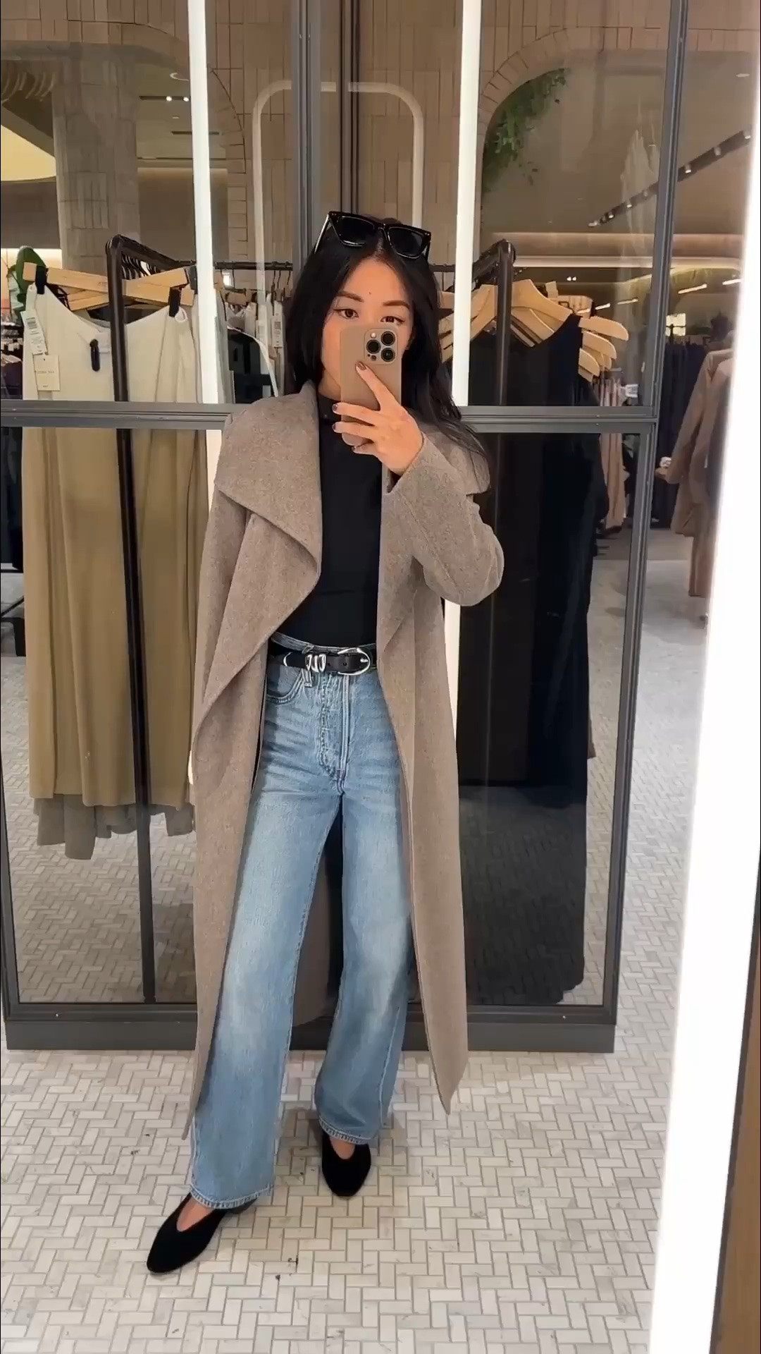 Jacket and jeans back in stock!
• Aritzia Portfolio Double Face (unlined, lightweight wool) coat 2XS - FYI on someone my height this is a long jacket, midi nearly maxi length. 

Collar is a more oversized wide statement collar. Being unlined and double faced allows this cost to have good drape and movement. Thickness is Fall weight, not Boston for winter. 

• Levi’s ribcage jeans 24 waist x 27 length great for petites as a full length jean if you like high rise 

• sezane flats size 4 (U.S. 5) worn with heel lifts 

• Madewell belt xxs 

Fall jackets, wool coat, elegant style

#LTKPetite #LTKSeasonal #LTKootd