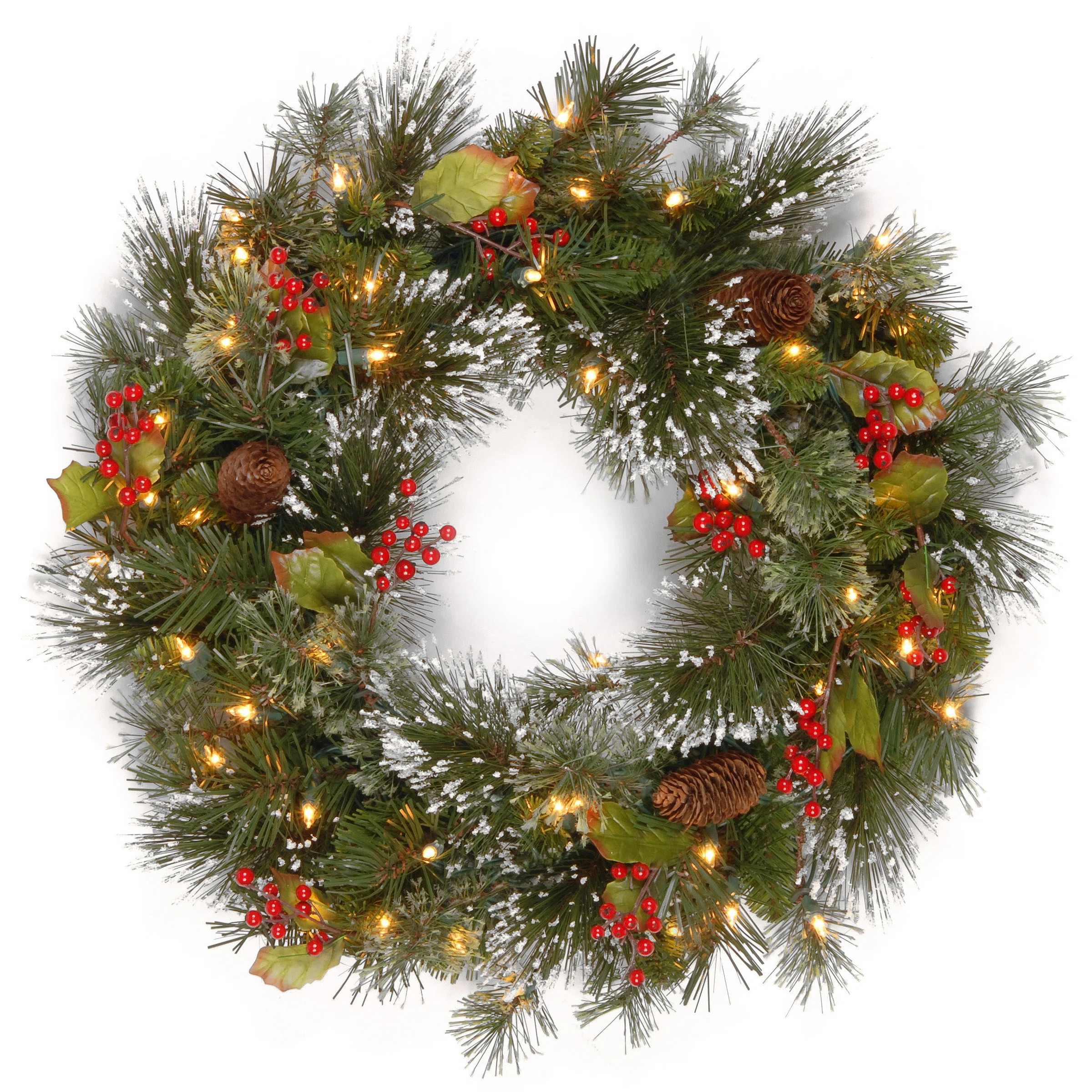 24 in. Wintry Pine Wreath with LED Lights | Wayfair North America