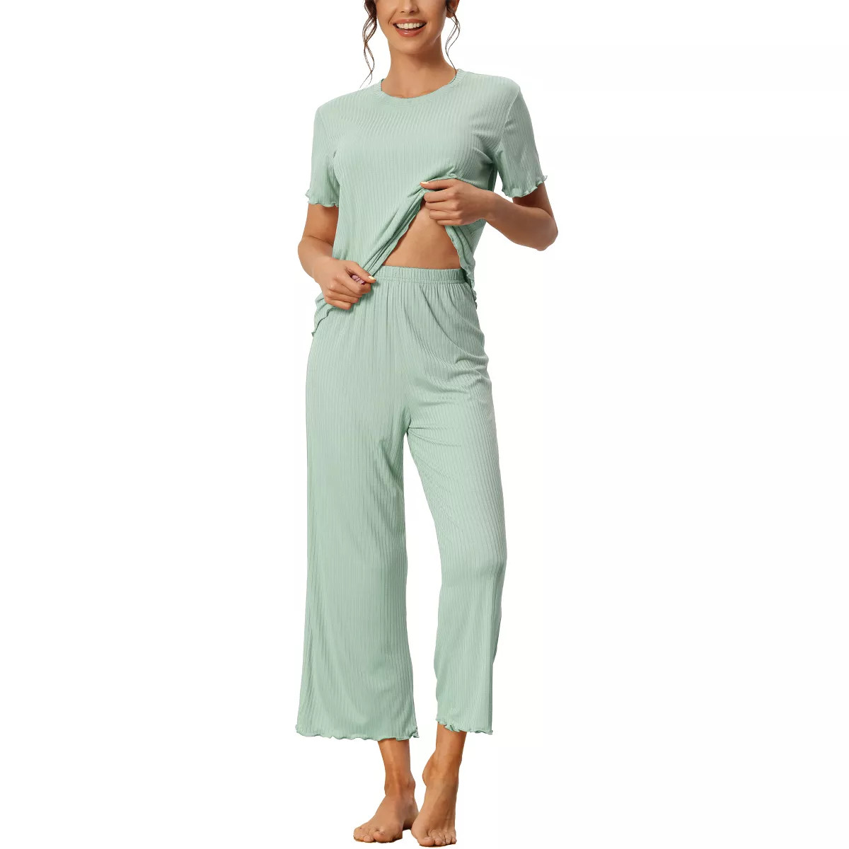 cheibear Women's Sleepwear Round Neck Soft Knit Short Sleeve Shirt with Pants Capri Pajamas Set | Target