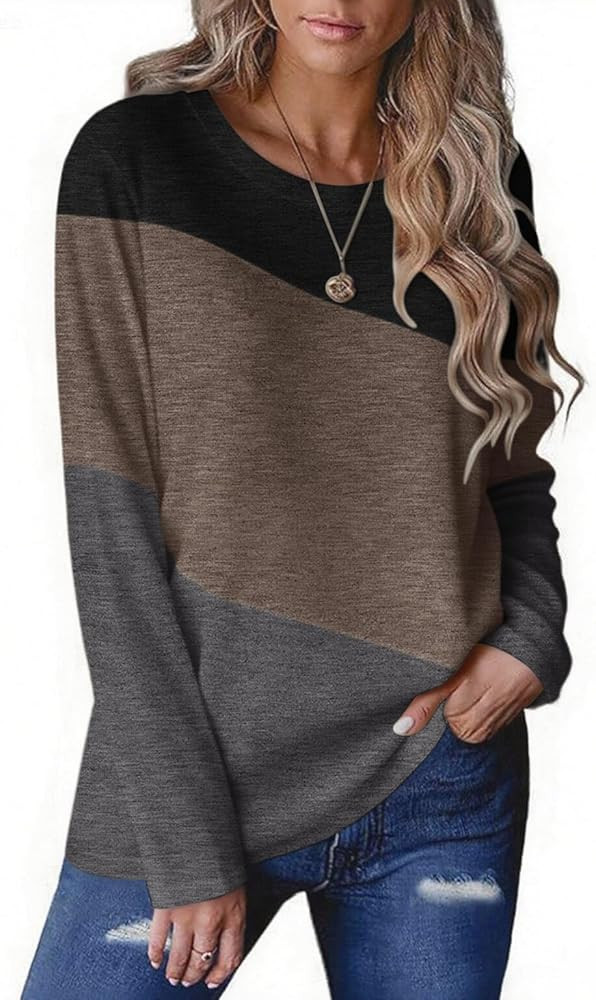 Zeagoo Women's Color Block Tops Long Sleeve Fall Tunic Top Casual Round Neck Pullover Shirts Dres... | Amazon (US)