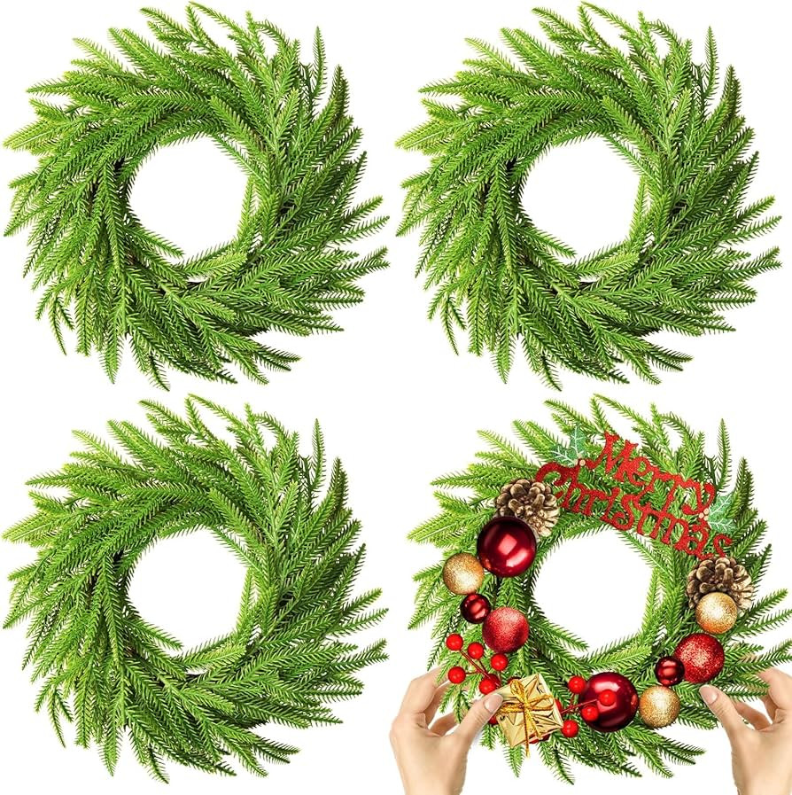 4 Pcs Christmas DIY Gree Wreath 10 Inch Christmas Green Artificial Wreaths DIY Faux Plain Wreaths... | Amazon (US)