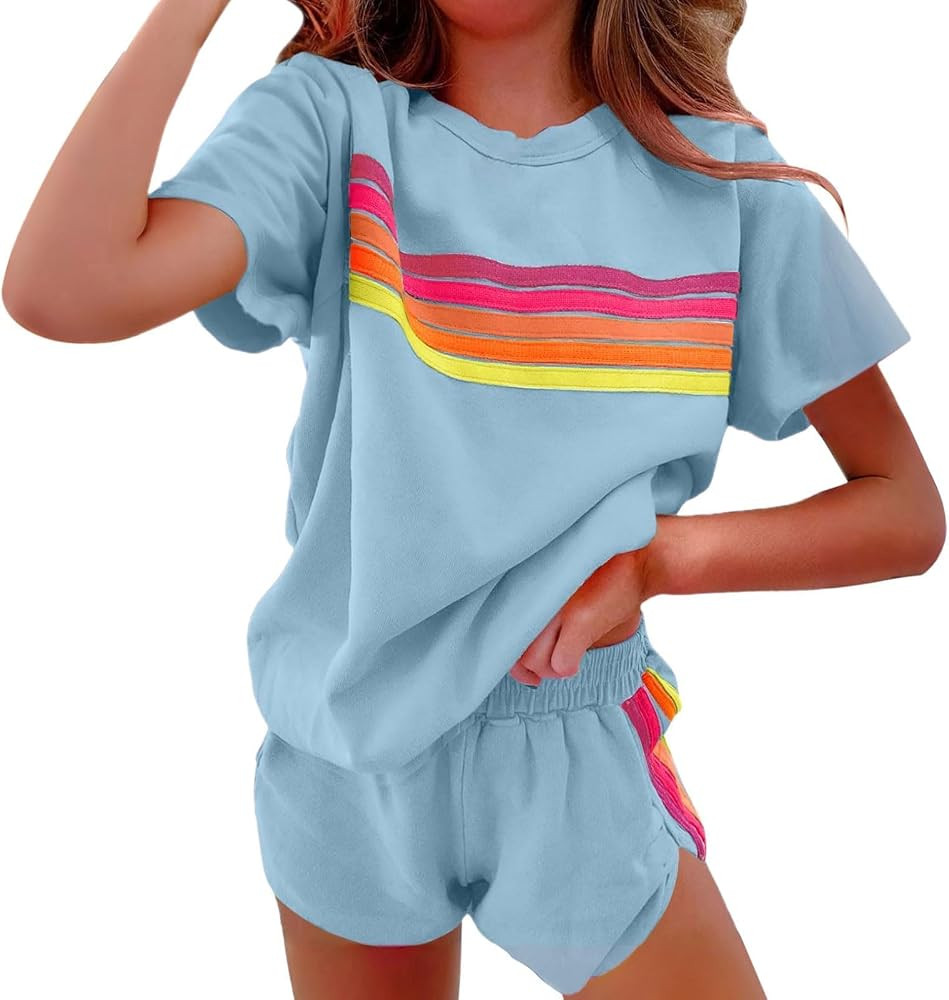 Muineobuka Womens Rainbow Striped 2 Piece Lounge Sets Casual Striped Color-Blocked Sweatshirt and... | Amazon (US)