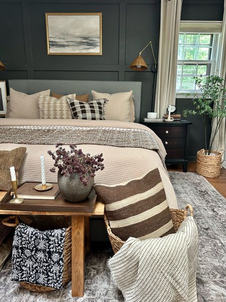 Bedroom ideas, bedroom decor, and home decor, neutral bedroom, moody bedroom, sconce, lighting washable rug, throw pillows, bedding, primary bedroom, guest bedroom