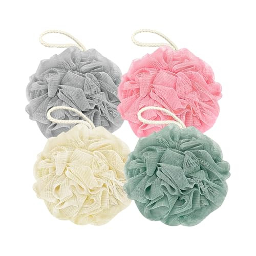 Rnoafmu Shower Loofah Bath Sponge, 60G Loofah Exfoliating Body Scrubber, 4 Color Mesh Shower Pouf Balls for Body Wash (Ice Cream) | Amazon (US)