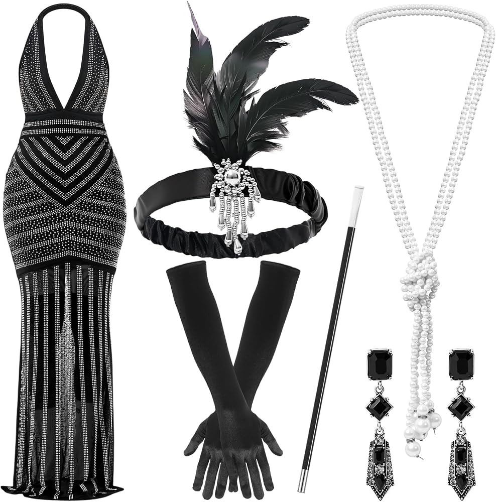 6 Pcs 1920s Elegant Rhinestone Mesh See Through Bodycon Dress with 20s Flapper Accessories Set | Amazon (US)