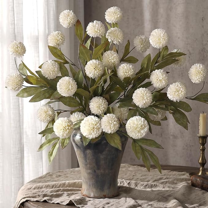 6 PCS Artificial Pompon Mum Branches for Vase - 27" Fake Silk Chrysanth Stems Look Real Faux Flow... | Amazon (US)
