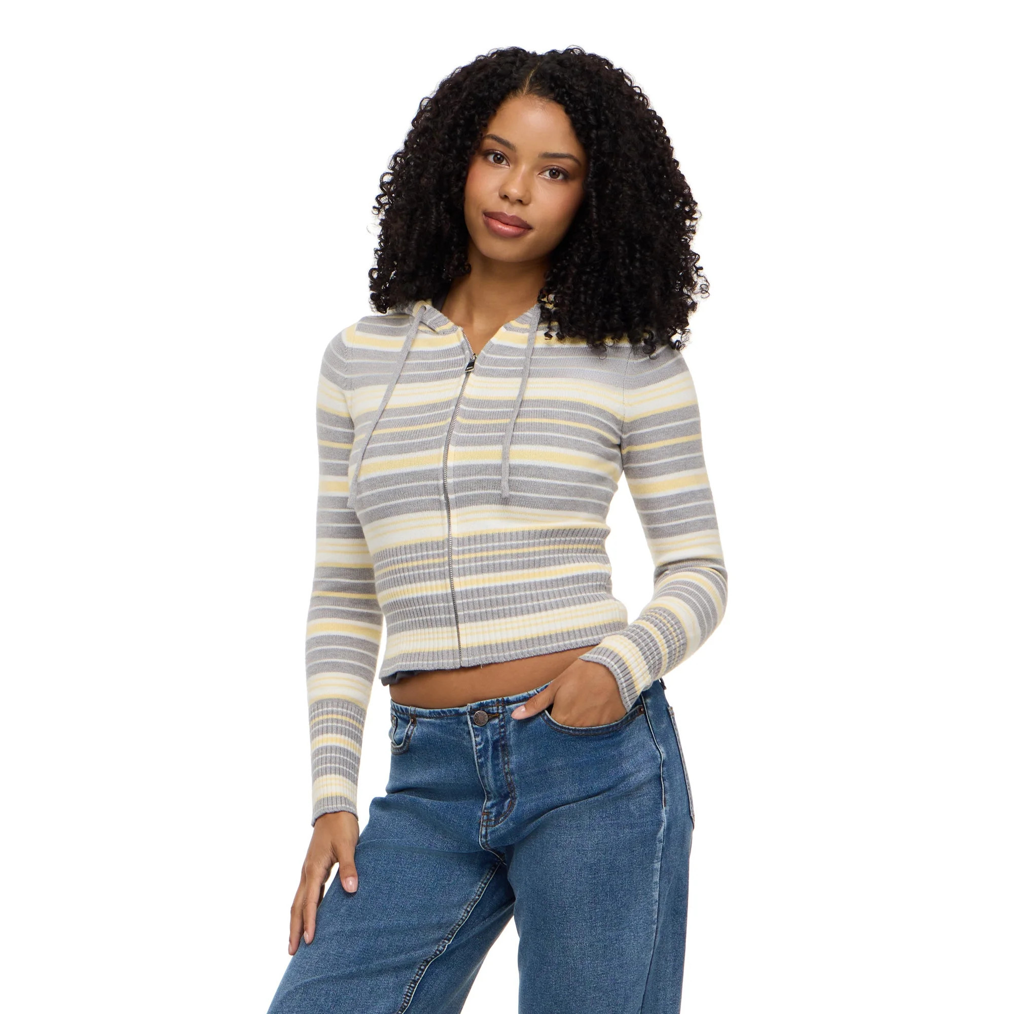 Forever 21 Women's Striped Zip Up Hooded Sweater, Long Sleeve Soft Knit Hoodie, Casual Everyday Streetwear Style Top, Grey, XXS-XXL | Walmart (US)