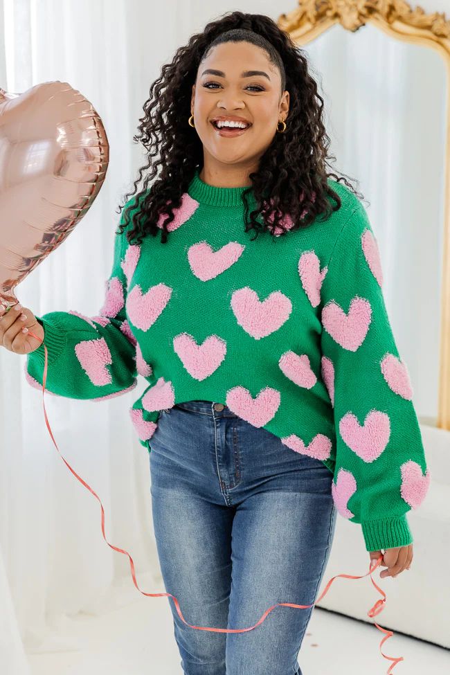 I'll Be There Green Fuzzy Heart Sweater | Pink Lily