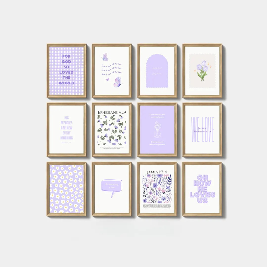 Lilac Christian Gallery Wall Art Bundle Set of 12 Fun Trendy Print Cute Coquette Home Decor Chris... | Etsy (US)