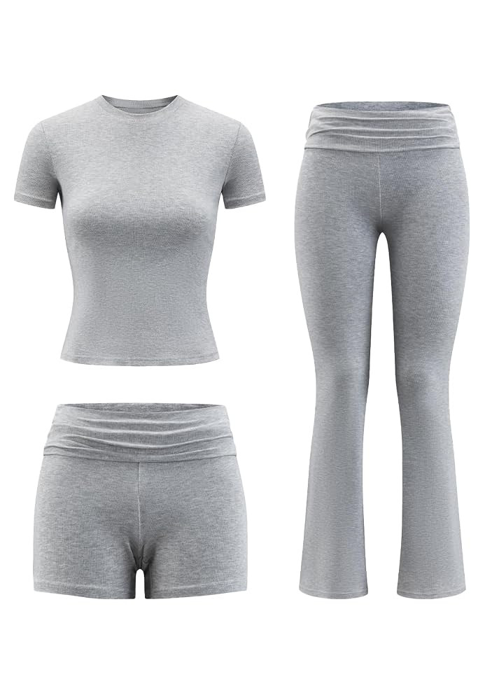 ZFLM Casual Women's 3-Piece Set Short Sleeved T-Shirt High Waist Folded Shorts Flare Leggings Pan... | Amazon (US)