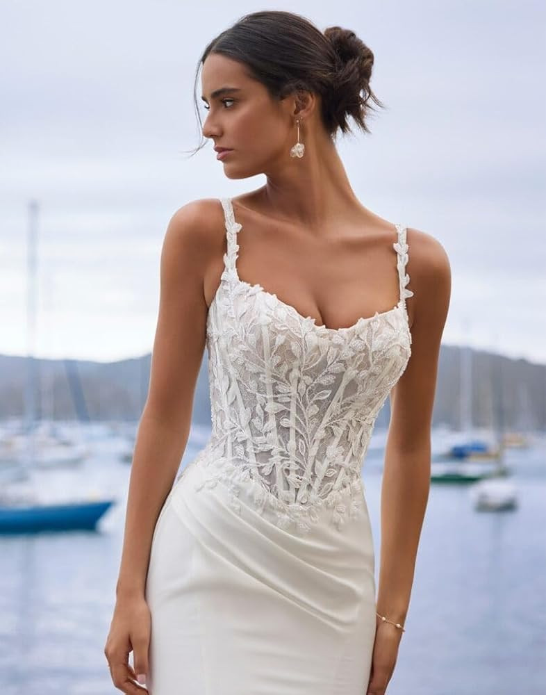 Lace Mermaid Wedding Dresses for Bride Long Sleeve Off Shoulder Bridal Gowns for Women with Train | Amazon (US)