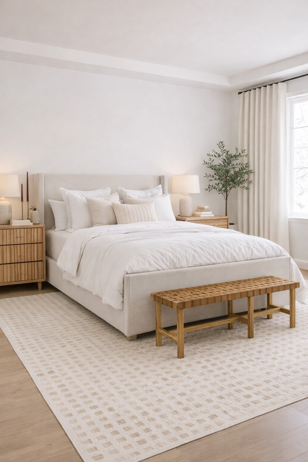 Neutral Modern Bedroom with Cozy Cream Layers

Soft neutrals, layered textures, and timeless wood accents come together in this calming modern bedroom. From the upholstered bed and fluffy bedding to the woven bench, light wood nightstands, and olive tree in the corner, this space is all about warmth, balance, and effortless elegance. Perfect inspiration for anyone designing a serene, neutral bedroom retreat.

#neutralbedroom #modernbedroom #cozybedroom #bedroominspo #neutraldecor #modernhome #coastalneutral #organicmodern #bedroomdesign #homeinspiration #interiorinspo