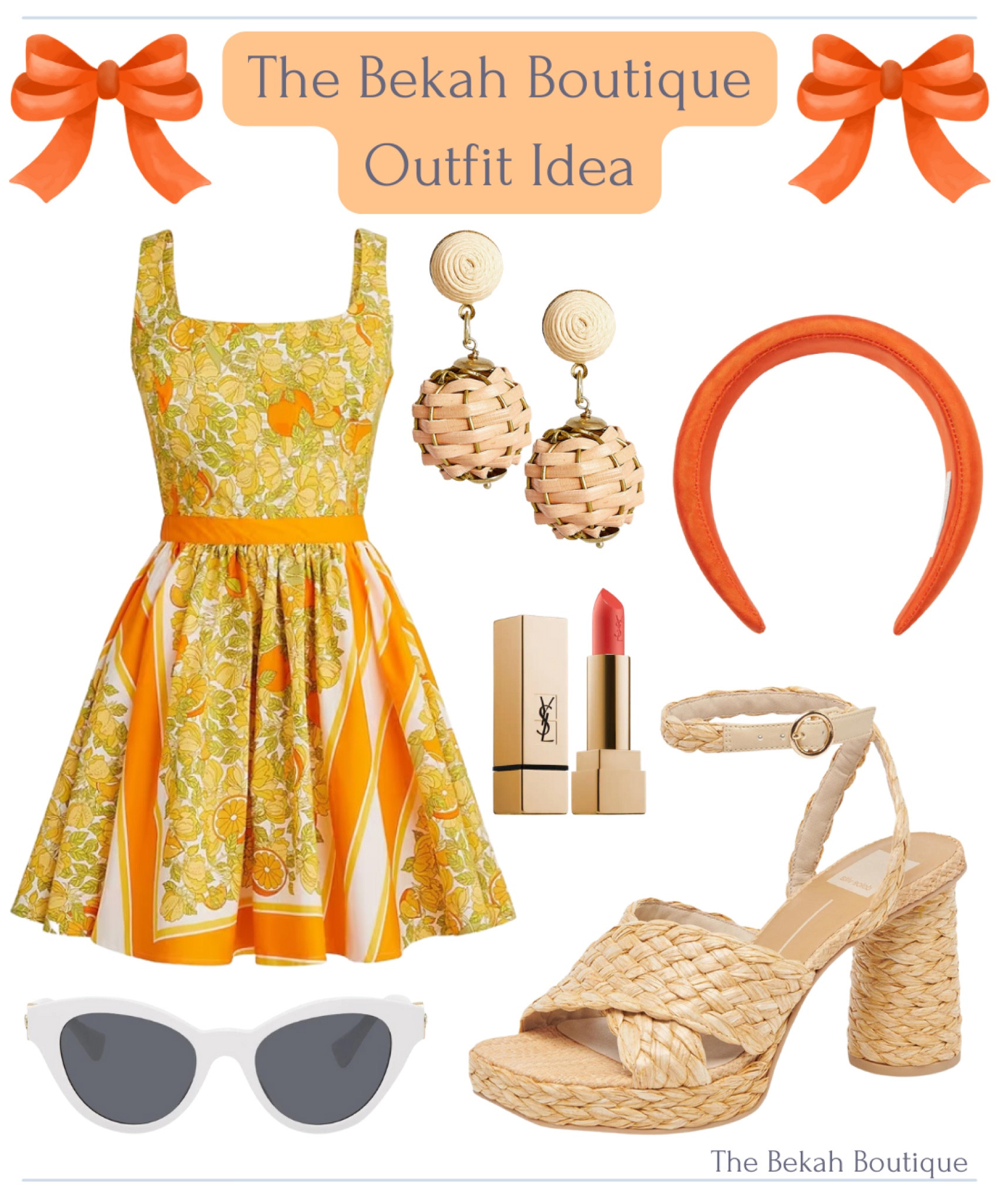 Summer dress, summer outfit, European summer, European, European summer dress, euro, aesthetic, preppy, classic, feminine, grand millennial, Spain, Italy, j. Crew, lemon dress, scarf dress, stefania dress in limone scarf print, loeffler Randall, orange headband, lisi lerch, mini whidden earrings, rattan earrings, mini dress, YSL beauty, YSL lipstick, rouge pur couture, dolce vita, rattan heels, rattan sandals, raffia heels, raffia sandals, white cat eye sunglasses, cat eye sunglasses, Versace 

#LTKstyletip #LTKSeasonal #LTKFind