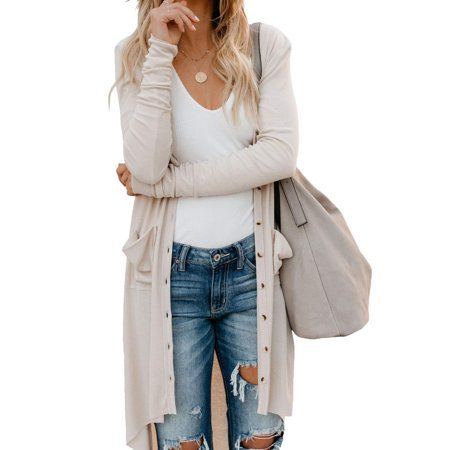 Women s Long Sleeve Button Down Knit Ribbed Sweater Duster Cardigan with Pockets | Walmart (US)