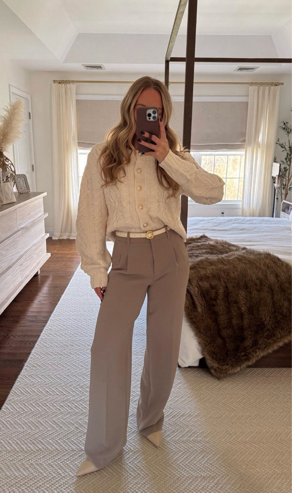 Elevated Fall look that will be perfect for Thanksgiving too 🤍 Buttoned sweater (small), Aritzia effortless pant, neutral belt & sling back heels.